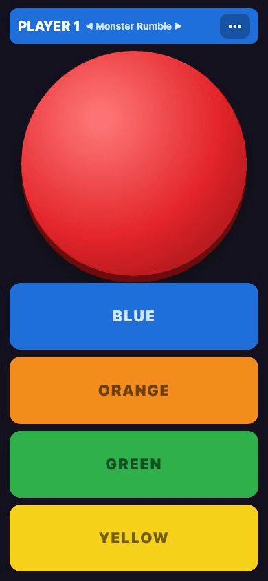 The phone page after picking Player 1: a big red buzzer on top, then blue, orange, green and yellow buttons.