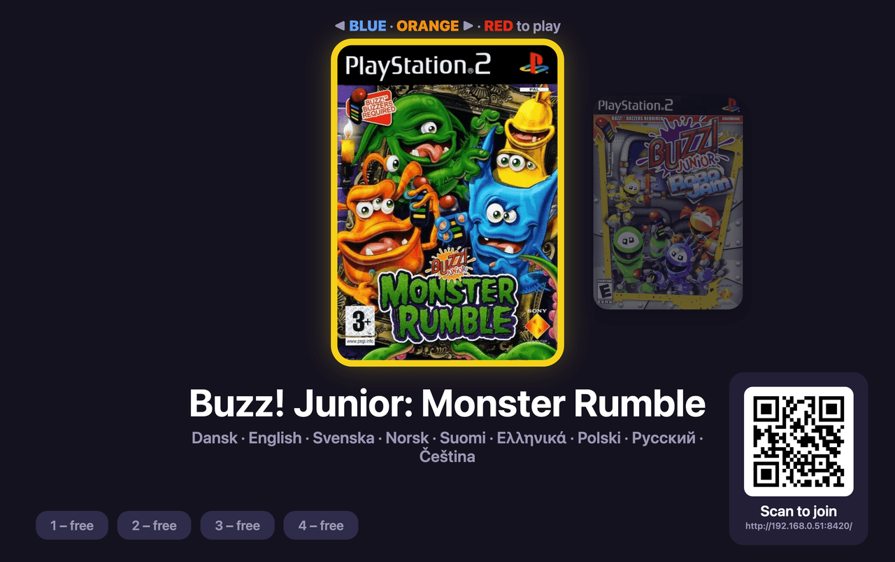 Buzz Party's game picker on the TV: the Monster Rumble cover in the middle, a QR code with 'Scan to join' in the corner, and four empty player spots along the bottom.